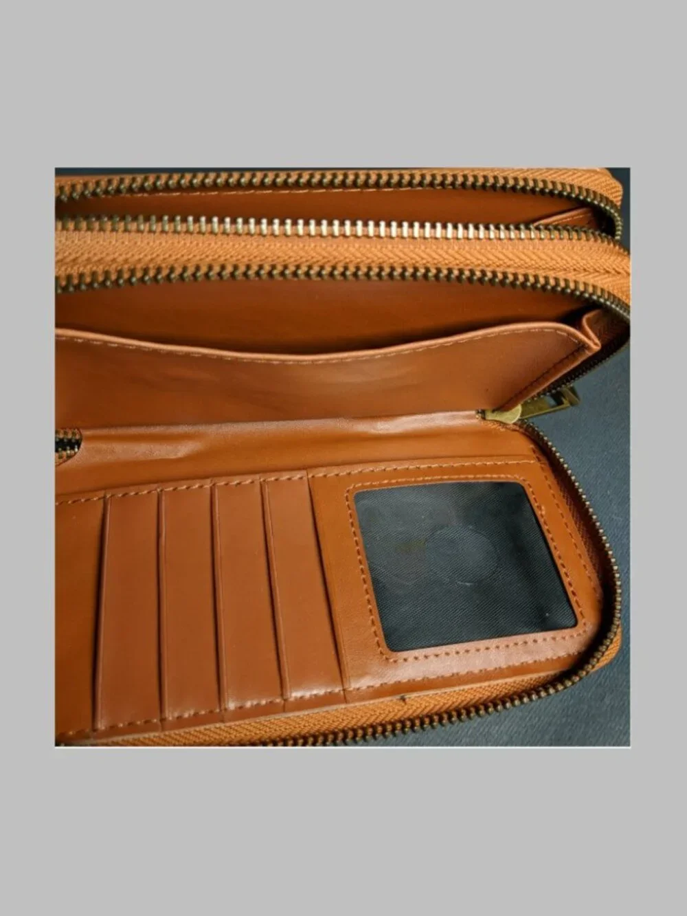Brown Tan Woven Canvas Zip Around Wristlet Wallet Organizer Faux Leather Women